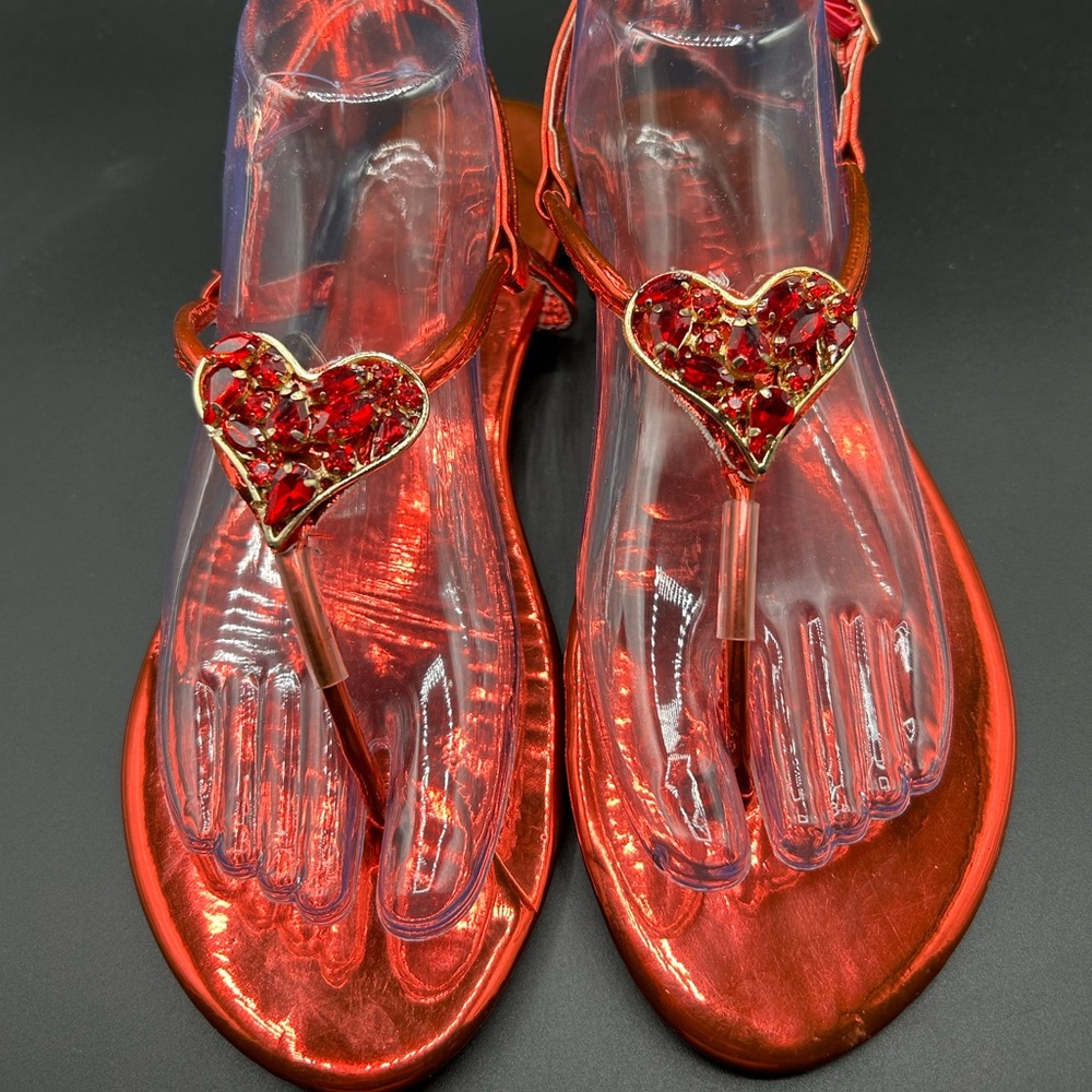 Liliana Red Metallic Heart Toe-Post Sandals